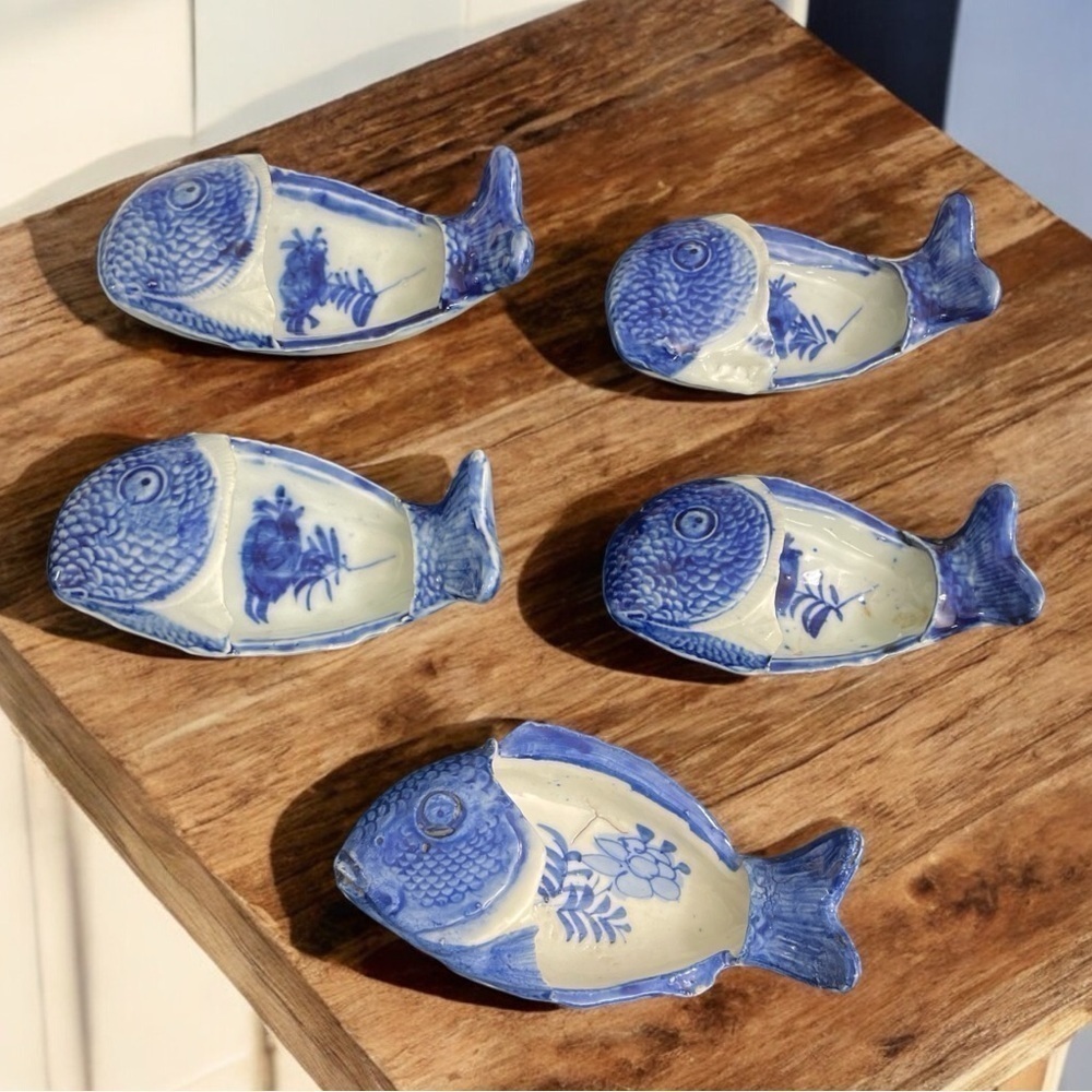 Antique Meiji Period Imari Blue & White Porcelain Fish Brush Washers Japan c.189
